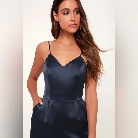 Lulus Touch of Heaven Navy Blue Satin Sleeveless Jumpsuit NWT Size M - Picture 1 of 8